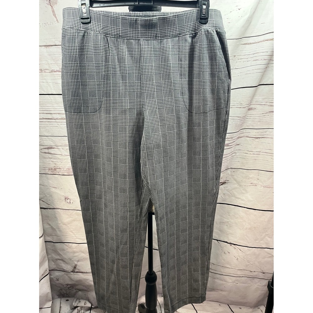 Denim & Co Womens 1X Glen Plaid Pull On Pants Black Gray White Stretch Trousers